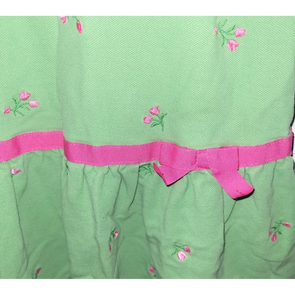 Gymboree Girls Green Pink Floral Embroidered Polo Dress Size 6 Cotton Ruffle Bow